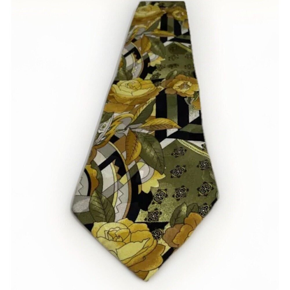 Vintage SERICA ELITE Silk Necktie Tie Gold Flower Power MOD Luxury Italy